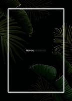 Dark tropical summer design with banana palm leaves, glowing frame and space for text. Vector flyer, banner or card template. Summer vector background.