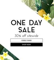 Dark vector summer design with exotic palm leaves, hibiscus flowers, pineapples and space for text. Sale offer template, banner of flyer background. Tropical backdrop illustration.