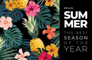 Vector summer design with exotic palm leaves, hibiscus flowers, pineapples and space for text. Sale offer template, banner of flyer background. Tropical backdrop illustration.