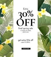 Vector summer design with exotic banana palm leaves, Frangipani flowers, pineapples and space for text. Sale offer template, banner of flyer background. Tropical backdrop illustration.