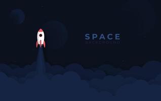 Spaceship in the dark space. Business startup launch concept, flat astronomy design, rocket icon. Dark blue vector illustration.