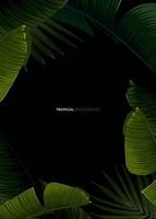 Dark tropical summer design with banana palm leaves, glowing frame and space for text. Vector flyer, banner or card template. Summer vector background.