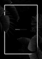 Dark monochrome tropical design with exotic banana leaves, soft neon frames and space for text. Vector summer template for poster, banner, card or flyer.