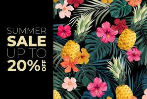 Vector summer design with exotic palm leaves, hibiscus flowers, pineapples and space for text. Sale offer template, banner of flyer background. Tropical backdrop illustration.