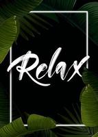 Dark tropical summer design with banana palm leaves, glowing frame and space for text. Vector flyer, banner or card template. Summer vector background.