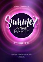 Dark purple neon tropical summer party flyer with lettering. Electric glow background with copy space. Modern blurs and gradients. Vector illustration.