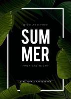 Dark tropical summer design with banana palm leaves, glowing frame and space for text. Vector flyer, banner or card template. Summer vector background.