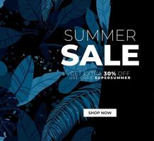 Dark vector summer design with exotic palm leaves and space for text. Sale offer template, banner of flyer background. Tropical backdrop illustration.