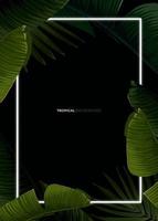 Dark tropical summer design with banana palm leaves, glowing frame and space for text. Vector flyer, banner or card template. Summer vector background.