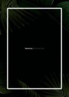 Dark tropical summer design with banana palm leaves, glowing frame and space for text. Vector flyer, banner or card template. Summer vector background.