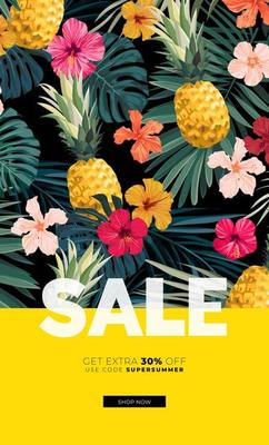 Dark vector summer design with exotic palm leaves, hibiscus flowers, pineapples and space for text. Sale offer template, banner of flyer background. Tropical backdrop illustration.