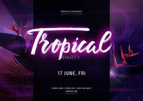 Dark purple neon tropical summer party flyer with banana palm leaves and jungle flowers. Modern blurs and gradients. Electric glow background with copy space. Vector illustration.