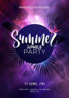 Dark purple neon tropical summer party flyer with banana palm leaves and jungle flowers. Modern blurs and gradients. Electric glow background with copy space. Vector illustration.