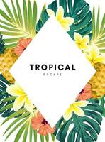 fondo de verano tropical con hojas de palma, flores y piñas. vector