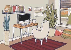 acogedora ilustración de vector de oficina en casa. lindo interior para trabajar desde casa.