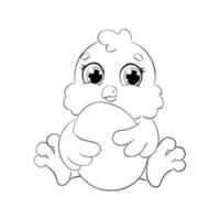 Fluffy chick holding an easter egg. Coloring book page for kids. Cartoon style character. Vector illustration isolated on white background.