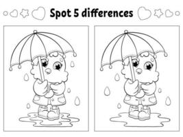 Find five differences. Coloring page for kids. Activity worksheet for children. Vector illustration isolated on white background.