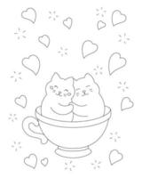 Enamored cats in a cup. Coloring book page for kids. Valentine's Day. Cartoon style character. Vector illustration isolated on white background.