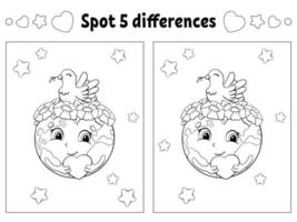 Find five differences. Coloring page for kids. Activity worksheet for children. Vector illustration isolated on white background.