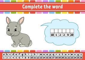 Complete the words. Cipher code. Learning vocabulary and numbers. Education worksheet. Activity page for study English. Isolated vector illustration. cartoon character.