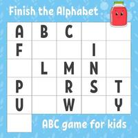 Finish the alphabet. ABC game for kids. Education developing worksheet. Learning game for kids. Color activity page. vector