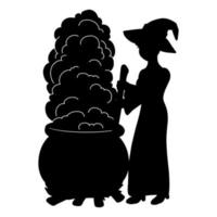 The witch is brewing a potion in a cauldron. Black silhouette. Design element. Vector illustration isolated on white background. Halloween theme.