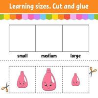 Learning sizes. Cut and glue. Easy level. Color activity worksheet. Game for children. Cartoon character. Vector illustration.