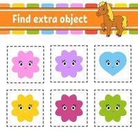 Find extra object. Educational activity worksheet for kids and toddlers. Game for children. Cute characters. Vector illustration.