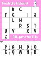 Finish the alphabet. ABC game for kids. Cut and glue. Education developing worksheet. Learning game for kids. Color activity page. vector