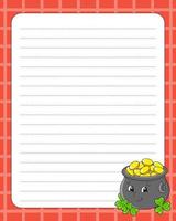 Lined sheet template. Handwriting paper. For diary, checklist, planner, wish list. St. Patrick's day. Vector illustration.