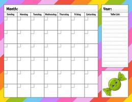 Weekly planner. Bright colorful blank printable template. Birthday theme. Vector illustration.