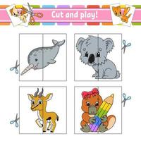 Cut and play. Flash cards. Color puzzle. Education developing worksheet. Activity page. Game for children. cartoon style. Funny character. Vector illustration.