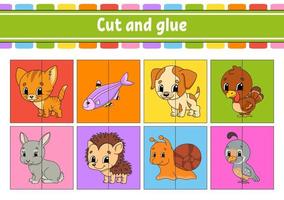 Cut and play. Paper game with glue. Flash cards. Education worksheet. Activity page. Funny character. Isolated vector illustration. cartoon style.