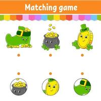 Matching game for kids. Education developing worksheet. Draw a line. Activity page. cartoon character. Vector illustration. St. Patrick's day.