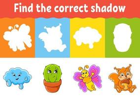 Find the correct shadow. Education worksheet. Matching game for kids. Color activity page. Puzzle for children. cartoon character. Vector illustration.