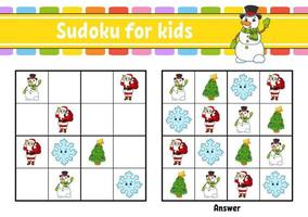 Sudoku for kids. Education developing worksheet. cartoon character. Color activity page. Puzzle game for children. Logical thinking training. Vector illustration.