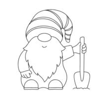 Dwarf with a shovel. Coloring book page for kids. Cartoon style character. Vector illustration isolated on white background.