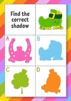 Find the correct shadow. Education developing worksheet for kids. Puzzle game. Activity page. cartoon character. Vector illustration. St. Patrick's day.