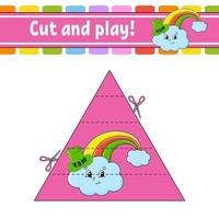 Cut and play. Logic puzzle for kids. Education developing worksheet. Learning game. Activity page. Cutting practice for preschool. Vector illustration.