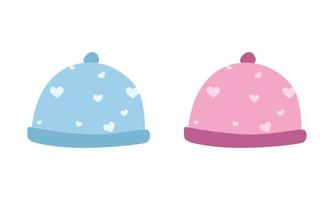 Vector set of blue and pink baby hat for boy and girl clipart. Simple cute baby winter hats flat vector illustration. Crocheted baby hat cartoon style. Kids headwear for winter