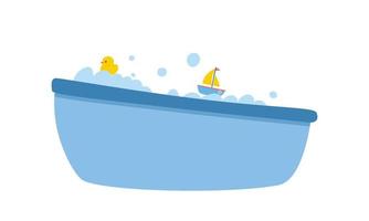 Baby bathtub clipart. Simple cute blue baby bathtub with foam bubbles and yellow rubber duck, toy boat flat vector illustration. Plastic bathtub cartoon style. Bathtub for baby, little kids, children