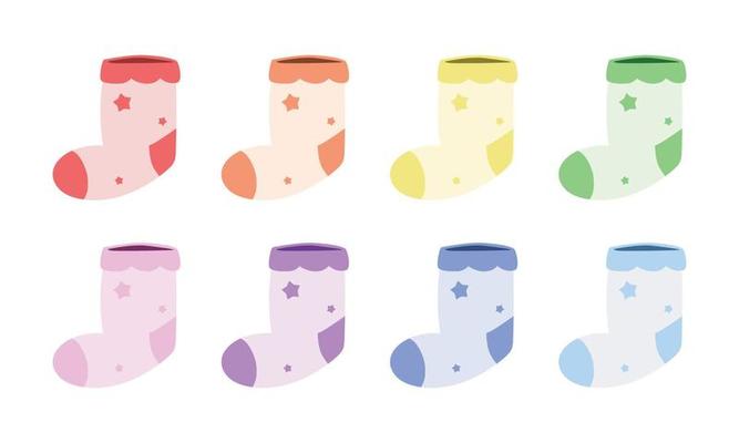 Set of colorful baby socks clipart. Simple cute newborn baby sock flat vector illustration. Cotton, woolen toddler sock for baby shower or birthday party invitation, greeting card cartoon style icon