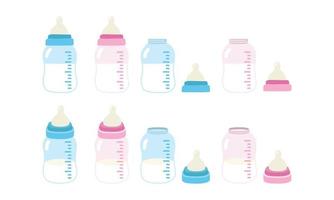 Vector set of blue and pink baby bottle and nipple clipart. Baby bottles for boys and girls flat vector illustration. Feeding bottle and nipples cartoon style. Kids, newborn and nursery decoration