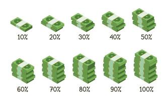 conjunto de pila de dinero isométrica para el diseño de vector de imágenes prediseñadas de infografía de porcentaje moderno. diagramas simples en forma de montones de billetes de dólar dibujos animados de icono plano de factura de papel. del 10 al 100 por ciento