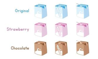 Set of regular, strawberry, chocolate milk carton box vector design. Blue, pink, brown milk cartons boxes with straw clipart. Milk cartons different flavors cartoon style cute drawing. Dairy product