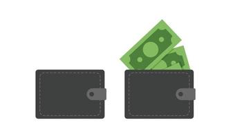 Money wallet clipart vector design illustration. Simple black wallet with green money dollar inside flat icon cartoon style. Money, banknote, finance, budget, cash, and payment concept