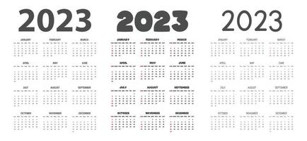 2023 calendar in different fonts style vector illustration. Simple classic monthly calendar for 2023 in sans, bold, cartoon font. The week starts Sunday. Minimalist calendar planner year 2023 template