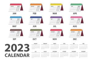 Ilustración de vector de calendario 2023. calendario mensual clásico simple para 2023 con imágenes prediseñadas de calendario de escritorio multicolor. la semana comienza el domingo. planificador de calendario minimalista impresión de plantilla de año 2023