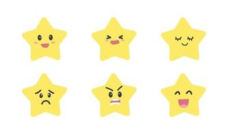 Conjunto vectorial de lindas estrellas amarillas de baby shower con diferentes emociones clipart. personaje lindo simple, ilustración de vector plano de cara kawaii de estrella amarilla. estrella feliz, triste y enojada se enfrenta a un icono de estilo de dibujos animados