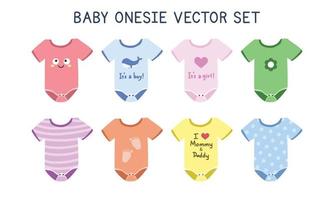 Set of lovely baby onesie clipart. Simple cute baby onesie with kawaii designs flat vector illustration. Baby bodysuit, body children, baby shirt, romper, clothes for newborns cartoon drawing style